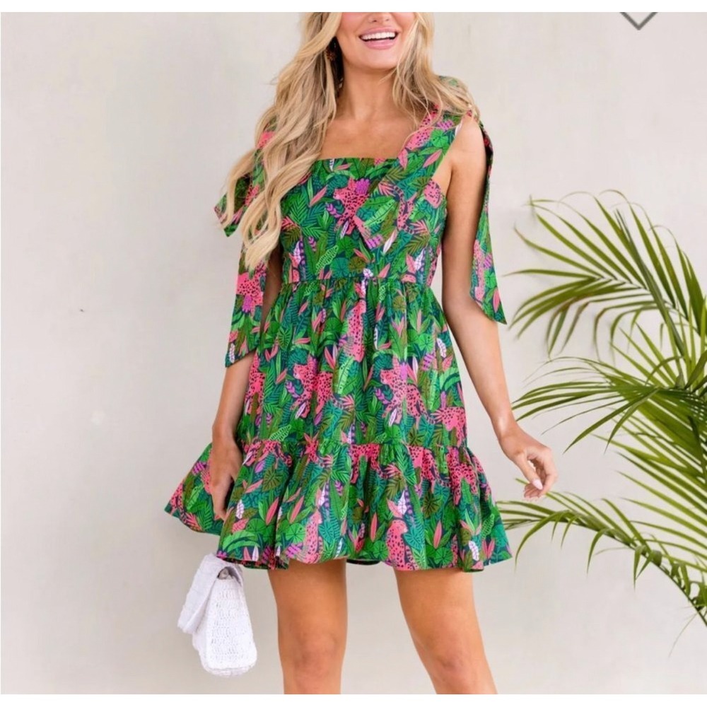 Palms Away Jungle Roar Leopard Linen Blend Tie Strap Mini Dress LWD1794-RD Small